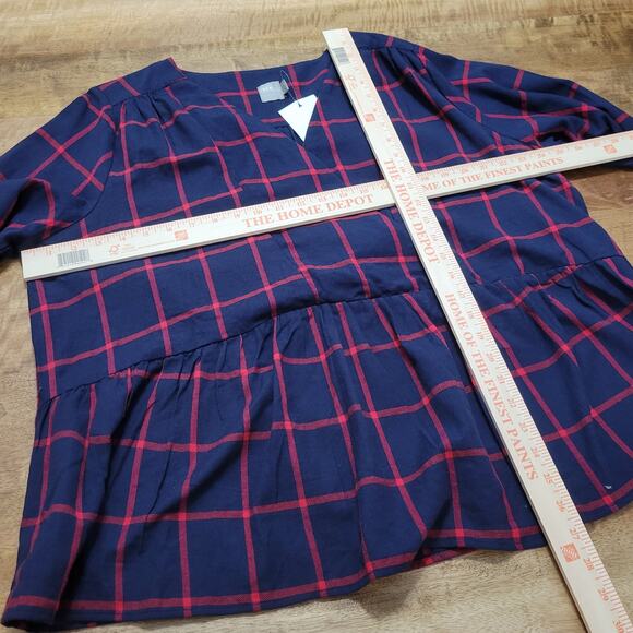 ASOS Curve Plaid Blouse Womens 14 Blue Red Faux Wrap Bell Sleeve Academia - Picture 9 of 9